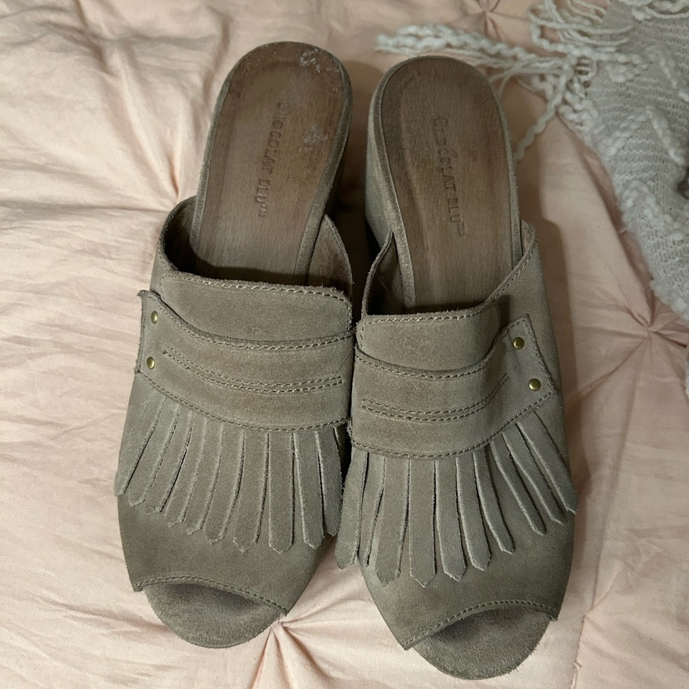Chocolate Blu Slip On Welsy Western Fringe Wedge Platform Sandals